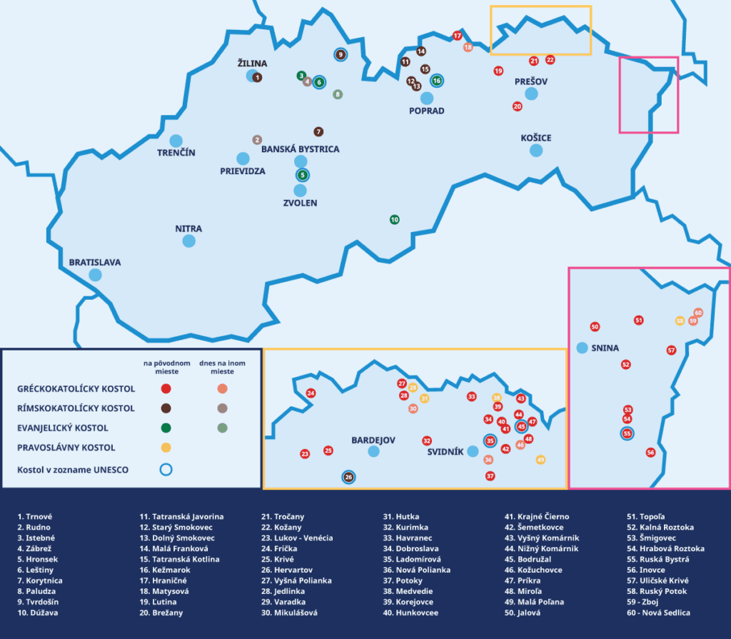 drevene kostoliky a cerkvi slovensko mapa